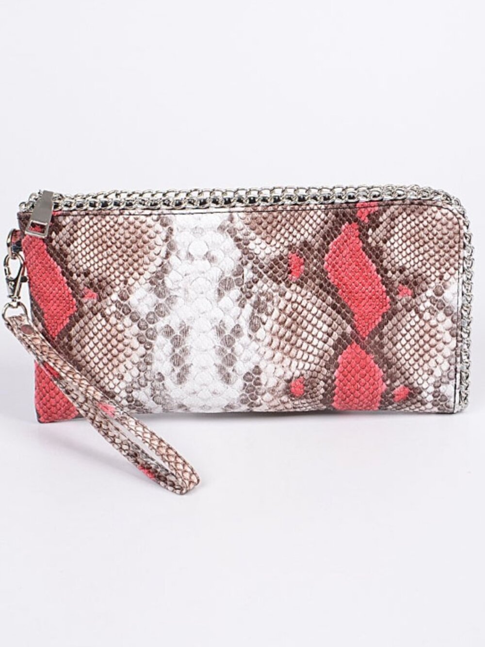 Snake Print Chain Trim Clutch 🐍✨ Edgy Zip Wristlet • Statement Wallet Bag